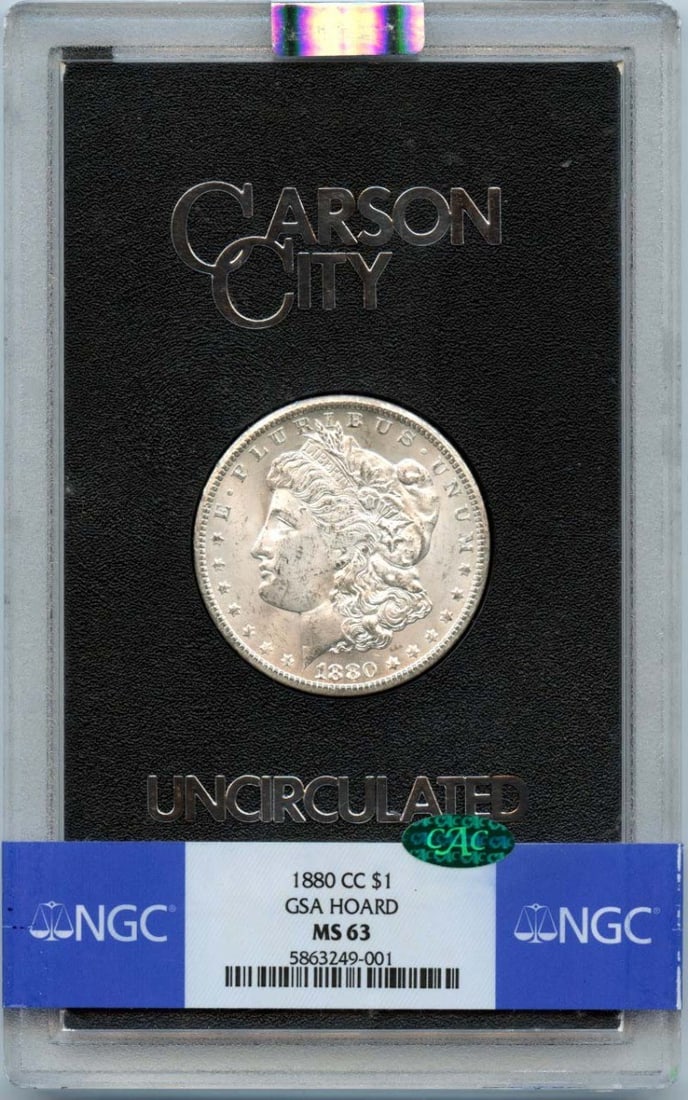 NGC MS63 CAC 1880-CC Carson City Morgan Silver Dollar GSA Hoard: NGC MS63 CAC 1880-CC Carson City Morgan Silver Dollar GSA Hoard This is an 1880-CC Morgan Dollar from the GSA Hoard, certified by NGC with a grade of MS63 and a CAC sticker. The coin was minted in Car