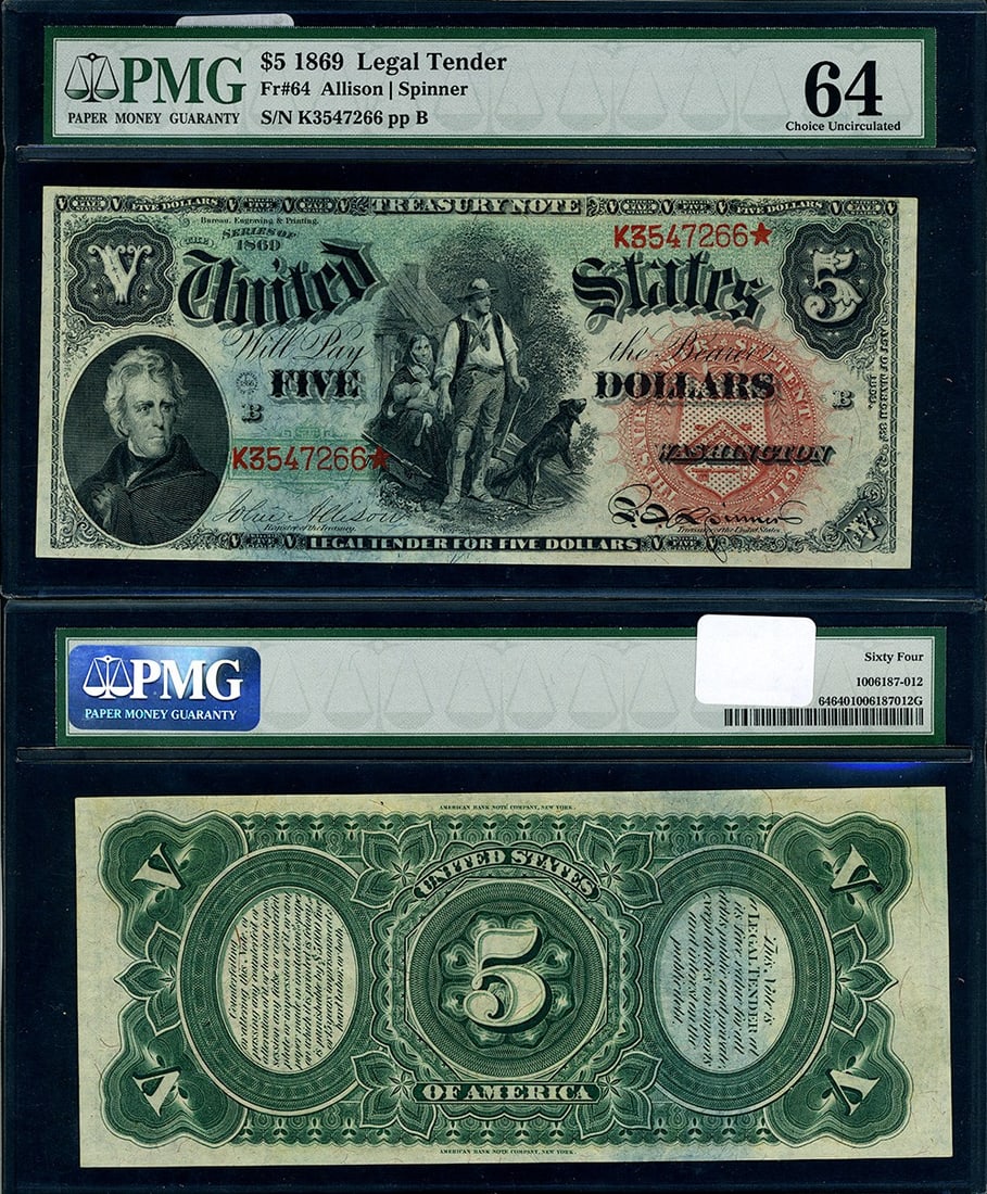1869 $5 Legal Tender Rainbow Note FR 64 PMG Choice CU64 (1 of 3)