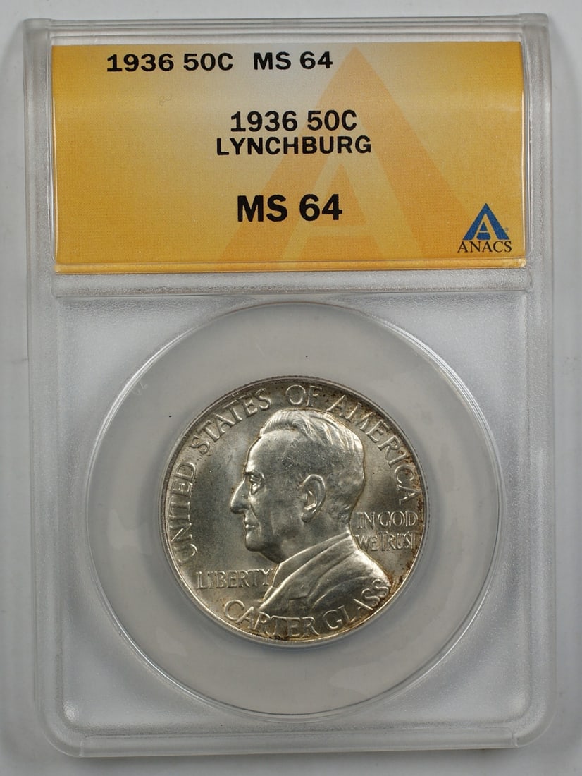 ANACS MS64 1936 Lynchburg Virginia Commemorative Silver Half Dollar Light Toned: ANACS MS64 1936 Lynchburg Virginia Commemorative Silver Half Dollar Light Toned 1936 Lynchburg Virginia Sesquicentennial Silver Half Dollar Commemorative Coin, graded MS-64 by ANACS. This uncirculated