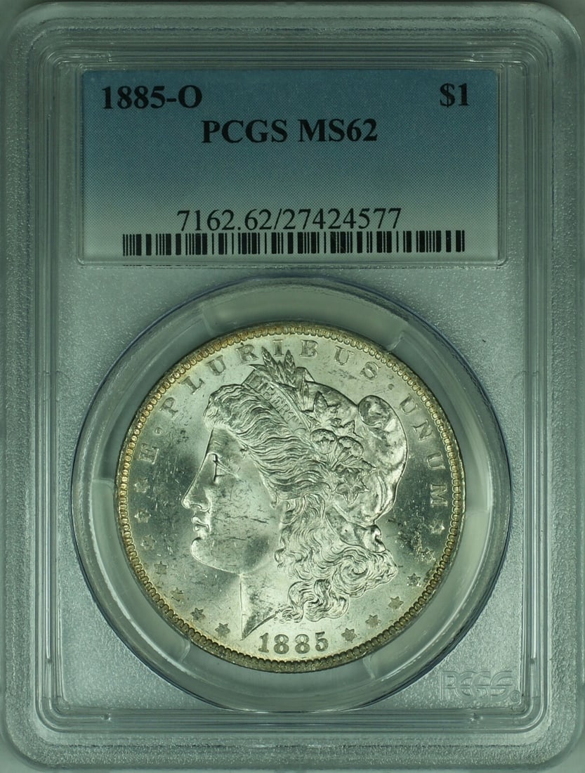 PCGS MS62 1885-O Morgan Silver Dollar: PCGS MS62 1885-O Morgan Silver Dollar This is an 1885-O Morgan Silver Dollar graded MS-62 by PCGS. Minted in New Orleans, this uncirculated coin is composed of silver and represents the iconic Morgan 