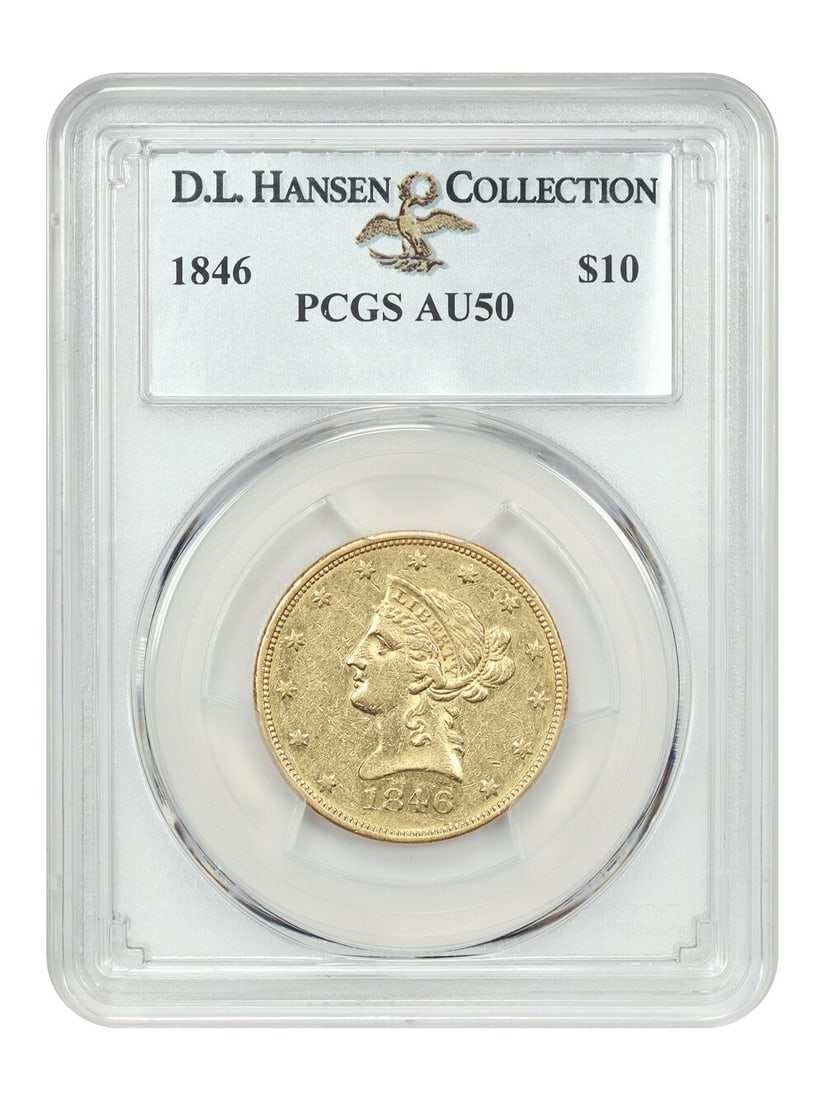 1846 Liberty Head $10 Gold Coin PCGS AU50 D.L. Hansen: 1846 Liberty Head $10 Gold Coin PCGS AU50 D.L. Hansen This 1846 $10 Liberty Head gold coin, certified by PCGS with a grade of AU50 (Certification Number: 25645635), is a rare and exceptional find. Str