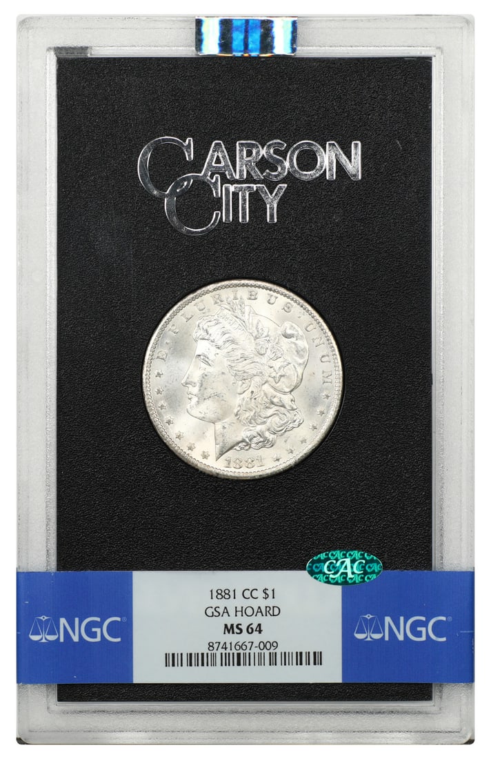 1881 CC Morgan Dollar $1 NGC MS64 CAC in GSA Case: 1881 CC Morgan Dollar $1 NGC MS64 CAC in GSA Case An 1881 Carson City Morgan Dollar graded MS64 by NGC and CAC approved. This CC-mint GSA coin is housed in its original hard case. Condition is pre-own