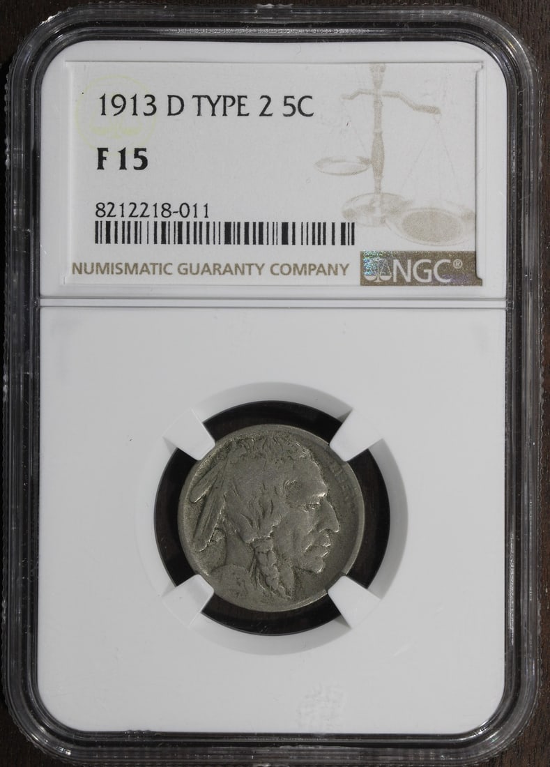 1913-D Buffalo Nickel Key Date NGC F15 Type 2: 1913-D Buffalo Nickel Key Date NGC F15 Type 2 This 1913-D Type 2 Buffalo Nickel is a key date coin from the United States, featuring the iconic Buffalo design. Struck in Denver, it is composed of 75% 