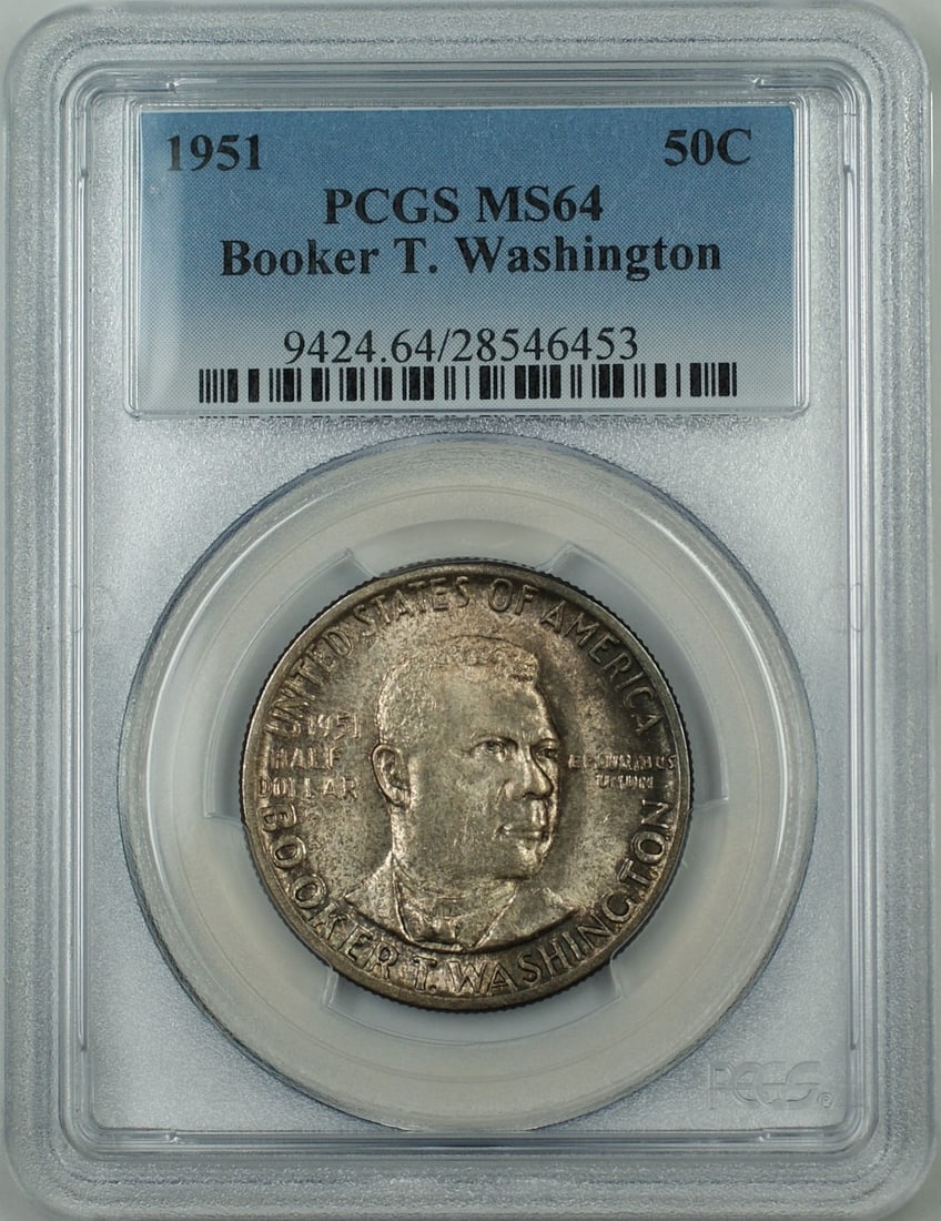 1951 Silver Half Dollar PCGS MS-64 Booker T. Washington Philadelphia Toned: 1951 Silver Half Dollar PCGS MS-64 Booker T. Washington Philadelphia Toned This 1951 Booker T. Washington Commemorative Silver Half Dollar is graded MS-64 by PCGS and features attractive toning. It is