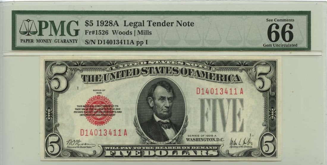 1928A $5 Legal Tender Note Fr# 1526 PMG Gem 66 EPQ (1 of 2)