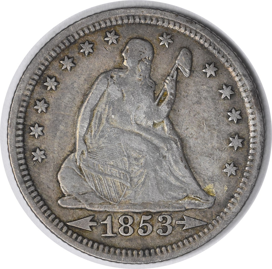 1853 O Seated Liberty Quarter 25C Arrows Rays VF Silver: 1853 O Seated Liberty Quarter 25C Arrows Rays VF Silver This 1853-O Liberty Seated Silver Quarter features the Arrows and Rays design and is graded VF. It is an uncertified circulated coin from the Ne