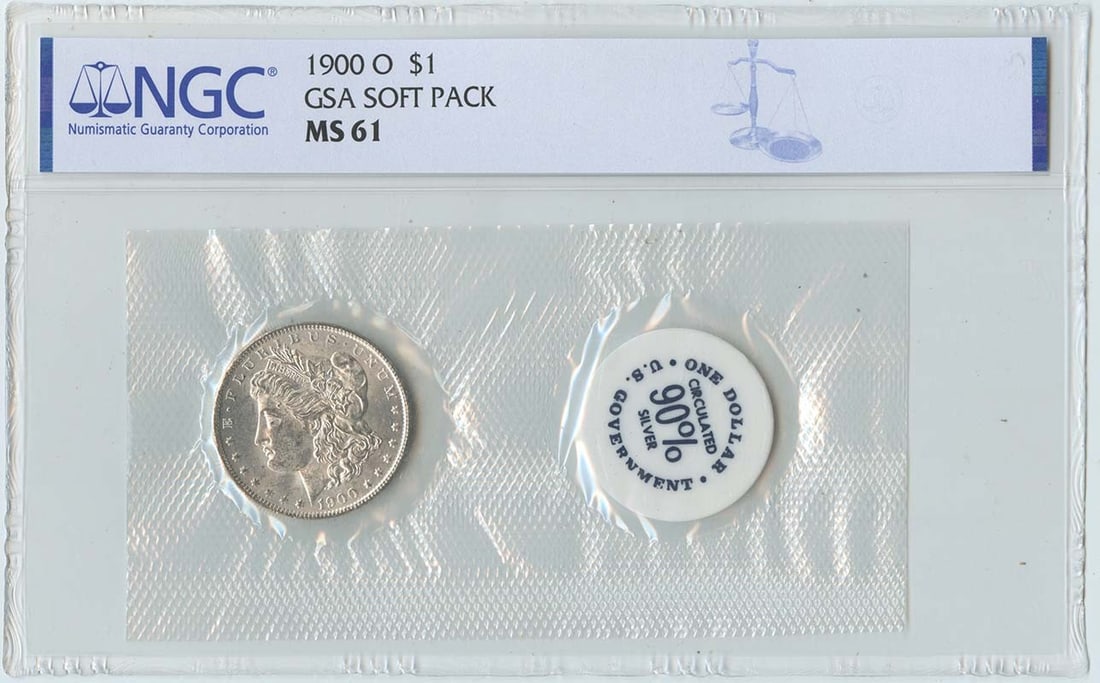 NGC MS61 1900-O Morgan Silver Dollar GSA Soft Pack Uncirculated: NGC MS61 1900-O Morgan Silver Dollar GSA Soft Pack Uncirculated This 1900-O Morgan Dollar is certified by NGC with a grade of MS61. Struck at the New Orleans Mint, it is presented in a GSA soft pack. 