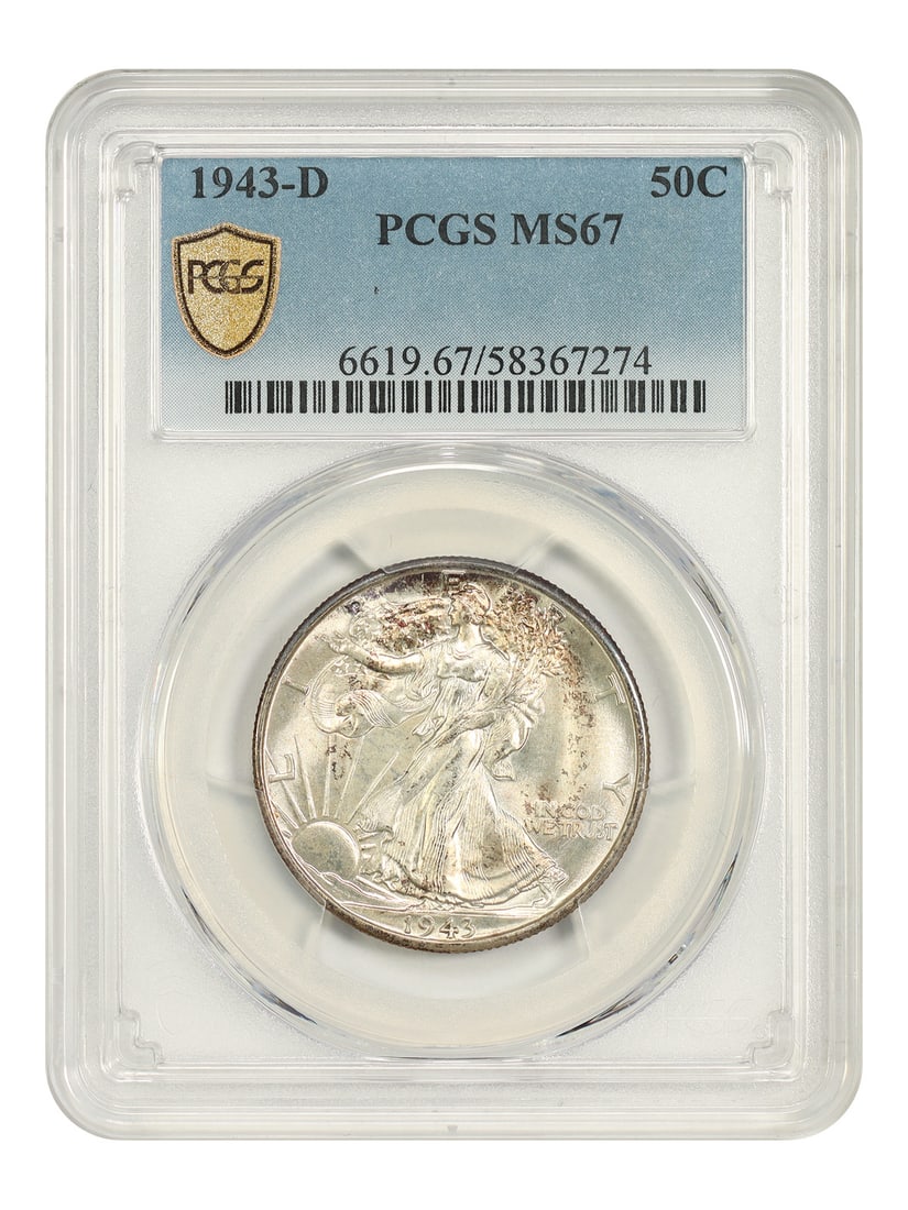 PCGS MS67 1943-D Walking Liberty Half Dollar 50C: PCGS MS67 1943-D Walking Liberty Half Dollar 50C 1943-D Walking Liberty Half Dollar graded MS67 by PCGS. This uncirculated 50C coin was struck in Denver and is identified by certification number 30367