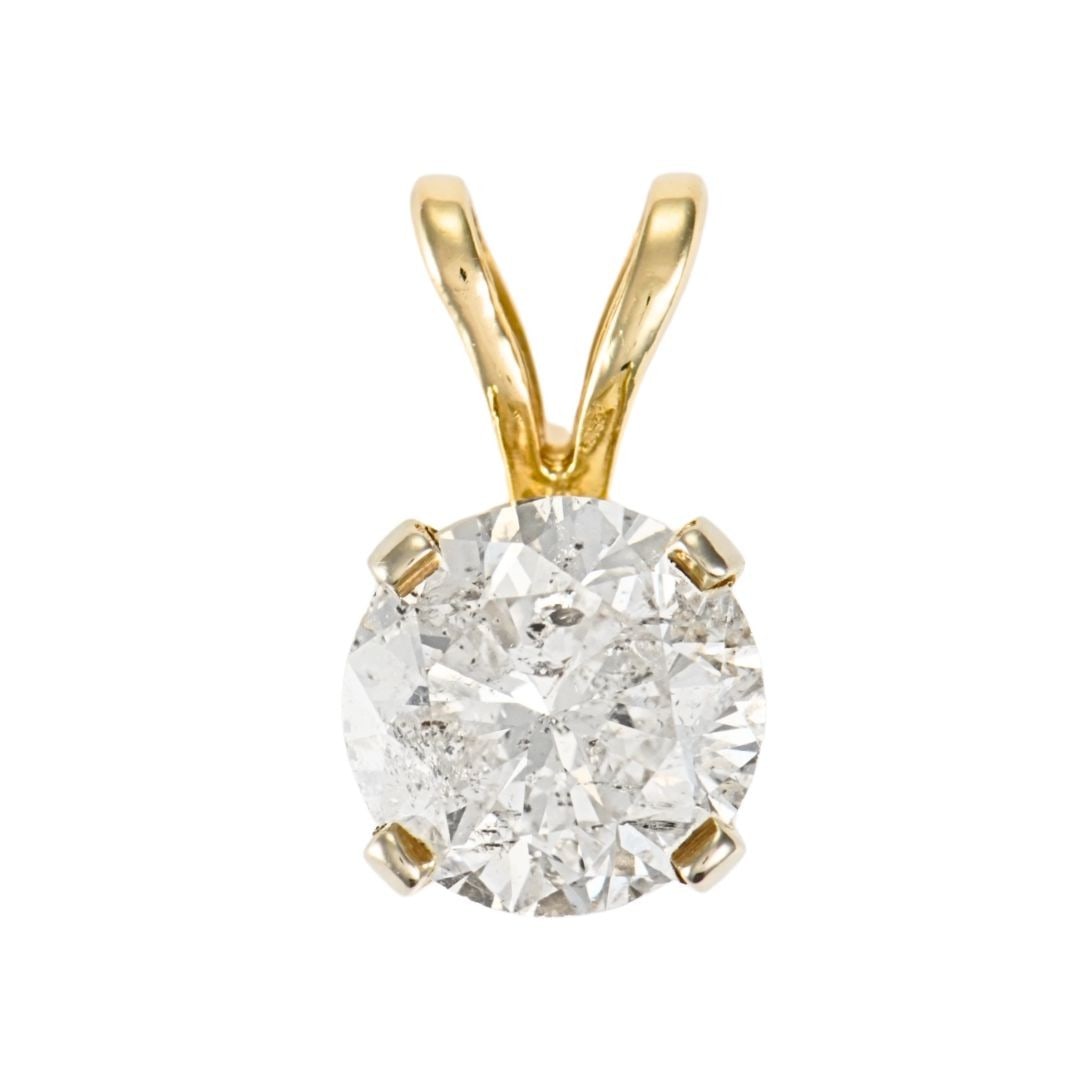 Round Brilliant Diamond 14K Yellow Gold Solitaire Pendant: Round Brilliant Diamond 14K Yellow Gold Solitaire Pendant This 14K yellow gold solitaire pendant features a round brilliant cut natural diamond weighing 1.38 carats. The diamond has an H color grade a