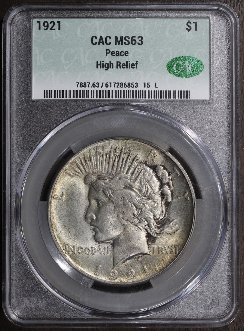 1921 Peace Dollar $1 Silver MS63 CAC Philadelphia: 1921 Peace Dollar $1 Silver MS63 CAC Philadelphia 1921 High Relief Peace Dollar $1 certified by CACG, graded MS63. This uncirculated coin is composed of silver with 0.9 fineness and was minted in Phil