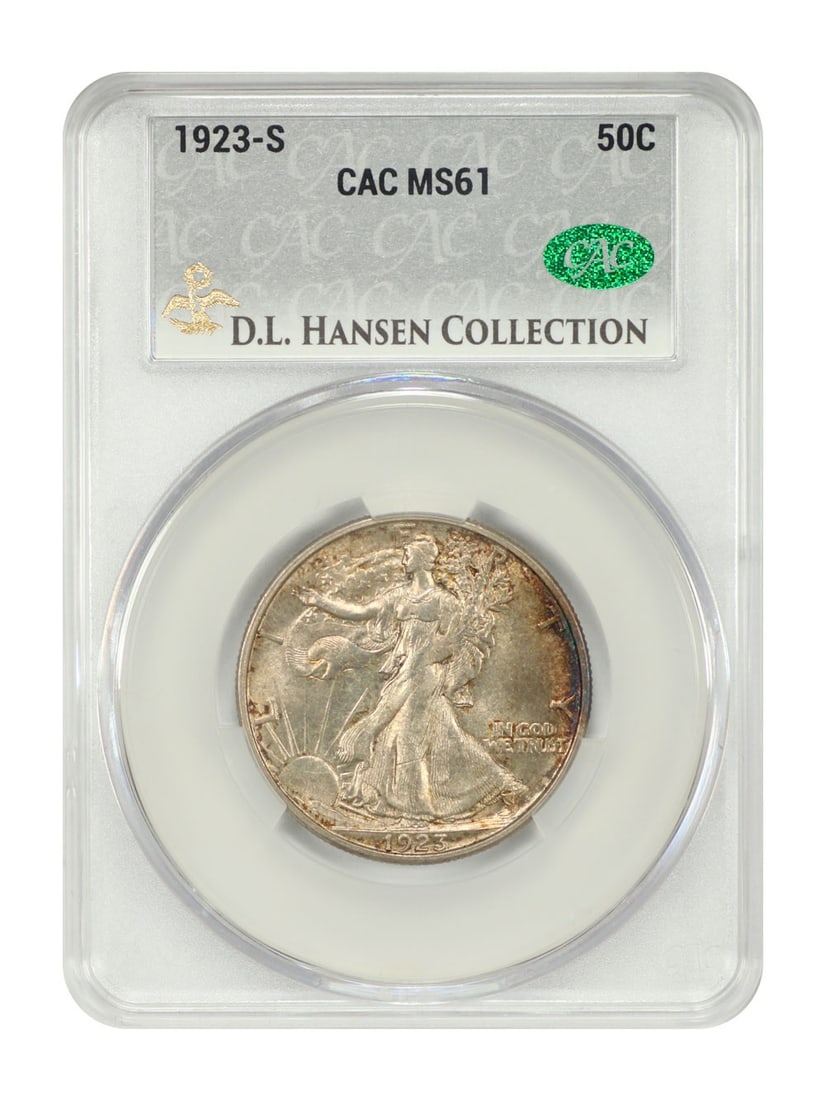 CACG MS61 1923-S Walking Liberty Half Dollar 50C ex D.L. Hansen: CACG MS61 1923-S Walking Liberty Half Dollar 50C ex D.L. Hansen 1923-S Walking Liberty Half Dollar certified by CACG and graded MS61. This uncirculated 50C coin is from the San Francisco mint and is n