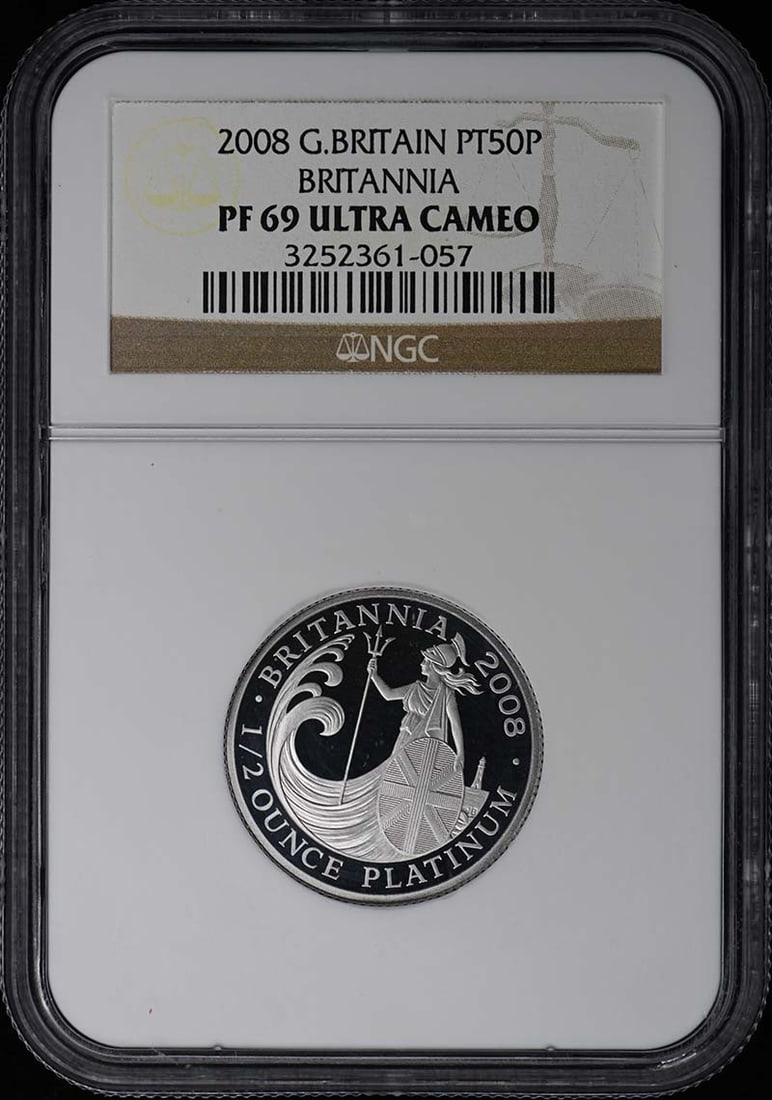 2008 Platinum Britannia Half Ounce Coin NGC PR69 Great Britain: 2008 Platinum Britannia Half Ounce Coin NGC PR69 Great Britain This 2008 Great Britain Britannia coin is struck in platinum and contains 1/2 ounce of platinum. Graded PR69 by NGC, it is in exceptional