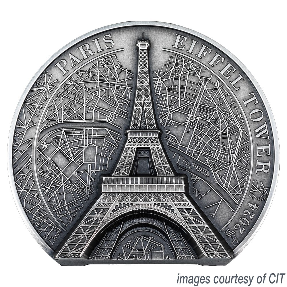 2024 Cook Islands 5 oz Silver Eiffel Tower Ultra High Relief Coin: 2024 Cook Islands 5 oz Silver Eiffel Tower Ultra High Relief Coin This 2024 Cook Islands issue features the Eiffel Tower in ultra high relief and contains five ounces of pure silver. The design celebr