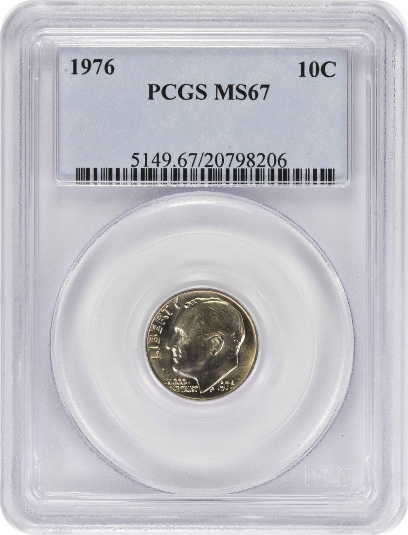 PCGS MS67 1976 Roosevelt 10C Clad Dime: PCGS MS67 1976 Roosevelt 10C Clad Dime Uncirculated 1976 Roosevelt Dime certified by PCGS and graded MS67. This clad 10-cent coin is from the United States and is listed as pre-owned. No mint mark is 