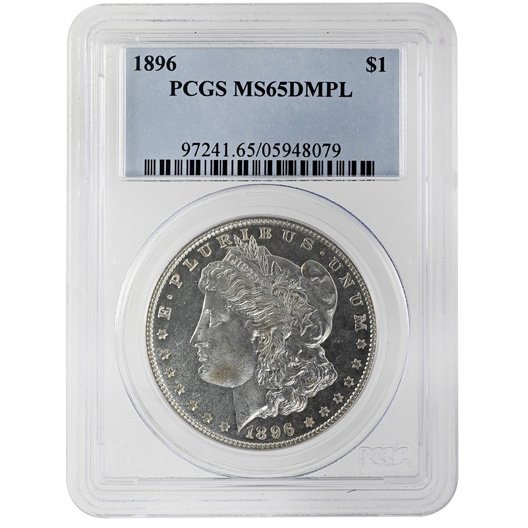 1896 Morgan silver dollar PCGS MS65DMPL Philadelphia: 1896 Morgan silver dollar PCGS MS65DMPL Philadelphia This is an 1896 Morgan Dollar with a deep mirror proof-like (DMPL) strike, graded MS65DMPL by PCGS. The coin is composed of silver, was minted in P