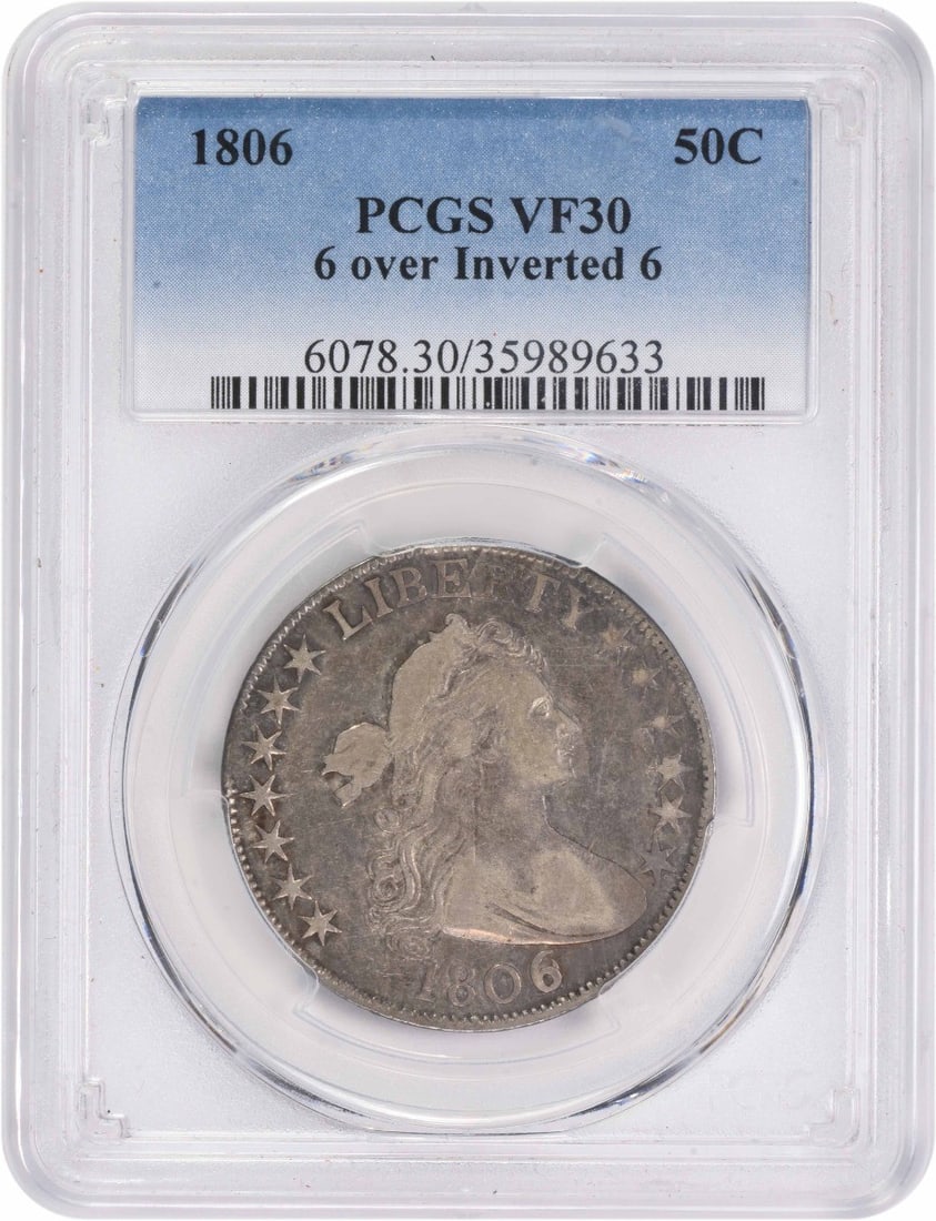 1806 Bust Silver Half Dollar 6 Over Inverted 6 PCGS VF: 1806 Bust Silver Half Dollar 6 Over Inverted 6 PCGS VF This 1806 Bust Silver Half Dollar features the unique 6 over Inverted 6 variety, certified by PCGS with a grade of VF30. Minted in Philadelphia, 