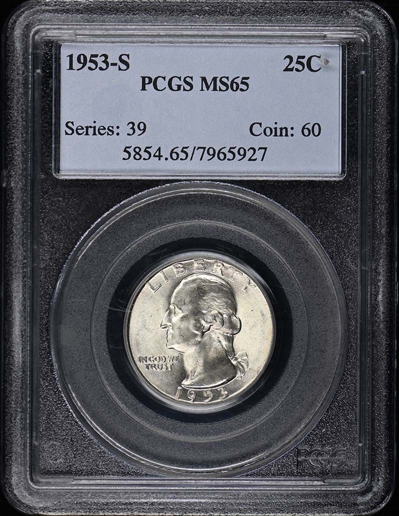 1953-S Washington Quarter PCGS MS65 Uncirculated: 1953-S Washington Quarter PCGS MS65 Uncirculated This exquisite 1953-S Washington Quarter, certified by PCGS with a grade of MS65, represents an uncirculated piece from the San Francisco mint. With it