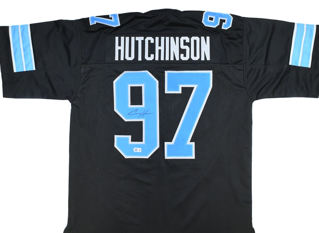 Aidan Hutchinson signed Detroit Lions black pro style jersey Beckett hologram: Aidan Hutchinson signed Detroit Lions black pro style jersey Beckett hologram This is a black pro style jersey autographed by Aidan Hutchinson. The jersey features a Beckett W hologram for verificatio