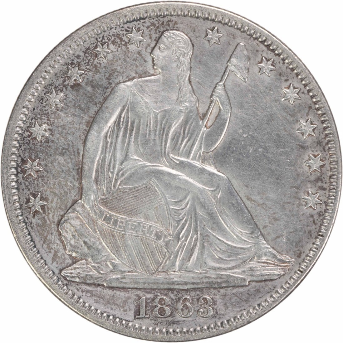 1863 Liberty Seated Silver Half Dollar 50C AU Uncertified: 1863 Liberty Seated Silver Half Dollar 50C AU Uncertified This 1863 Liberty Seated Silver Half Dollar features a classic design by Thomas Sully and Christian Gobrecht. It is an AU (About Uncirculated)