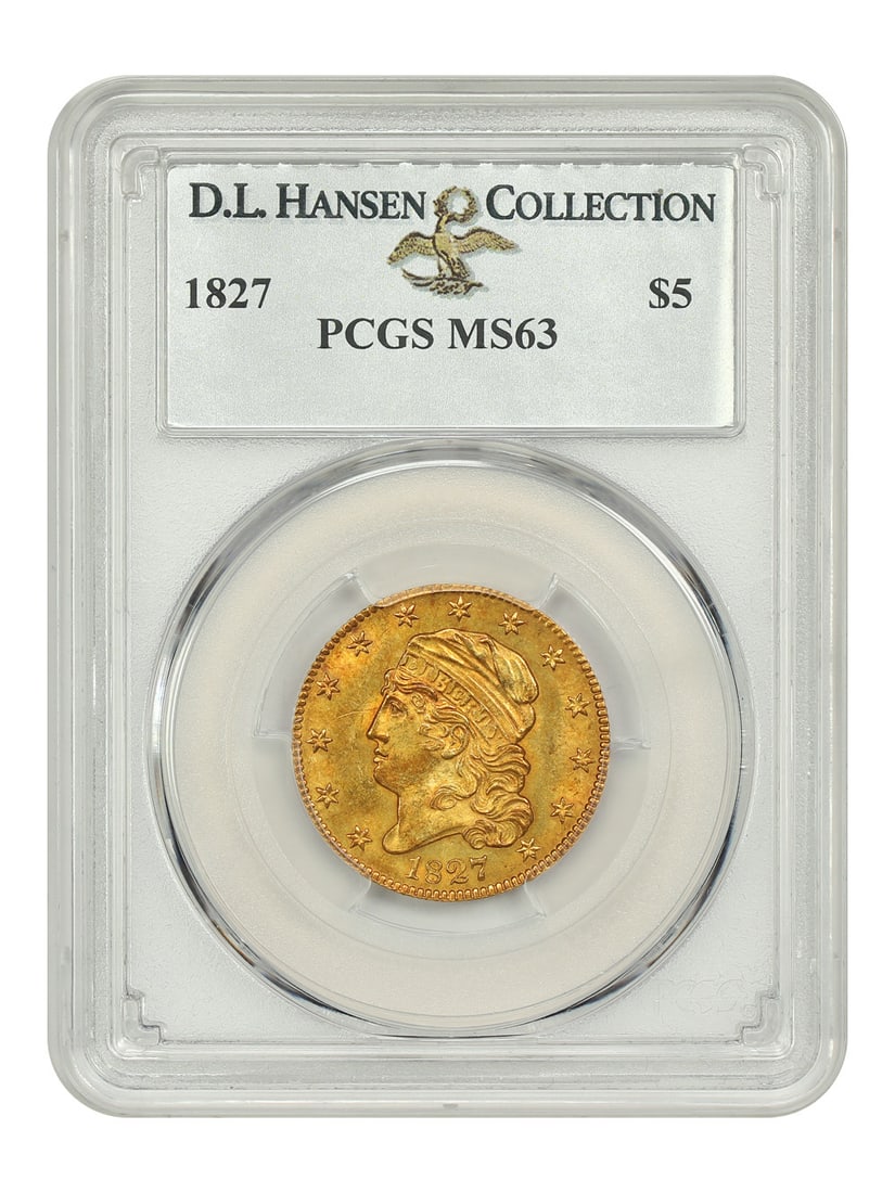 1827 Capped Bust $5 Gold Coin PCGS MS63 D.L. Hansen: 1827 Capped Bust $5 Gold Coin PCGS MS63 D.L. Hansen This 1827 Capped Bust $5 coin is a stunning Mint State example, certified by PCGS with a grade of MS63. Featuring exceptionally lustrous, frosty sur