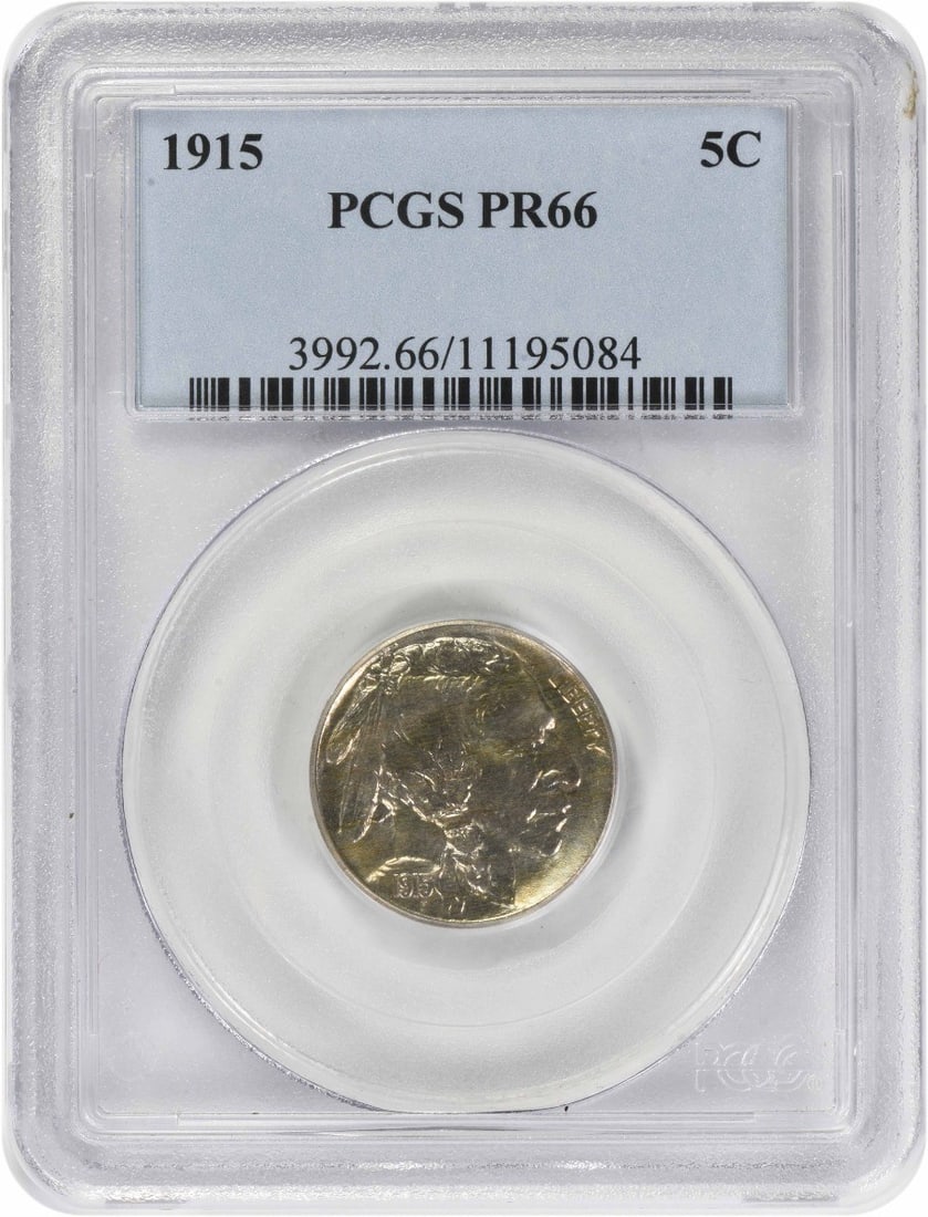 1915 Proof Buffalo Nickel Graded PR66 by PCGS: 1915 Proof Buffalo Nickel Graded PR66 by PCGS This 1915 Buffalo Nickel is a proof strike graded PR66 by PCGS. Produced at the Philadelphia Mint, this uncirculated coin features a composition of 75% co