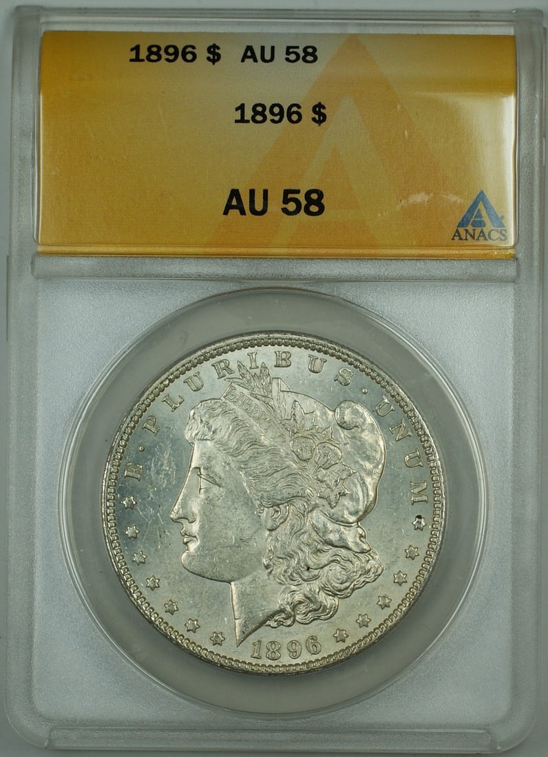 ANACS AU-58 1896 Morgan $1 Silver Dollar: ANACS AU-58 1896 Morgan $1 Silver Dollar This 1896 Morgan Silver Dollar was minted in Philadelphia and is composed of 90% silver. Graded AU-58 by ANACS, it is considered a circulated coin in excellent