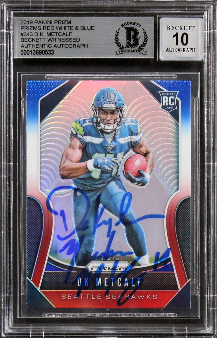 D.K. Metcalf Autographed 2019 Prizm Red White Blue Rookie Card Beckett 10 Slab (1 of 2)