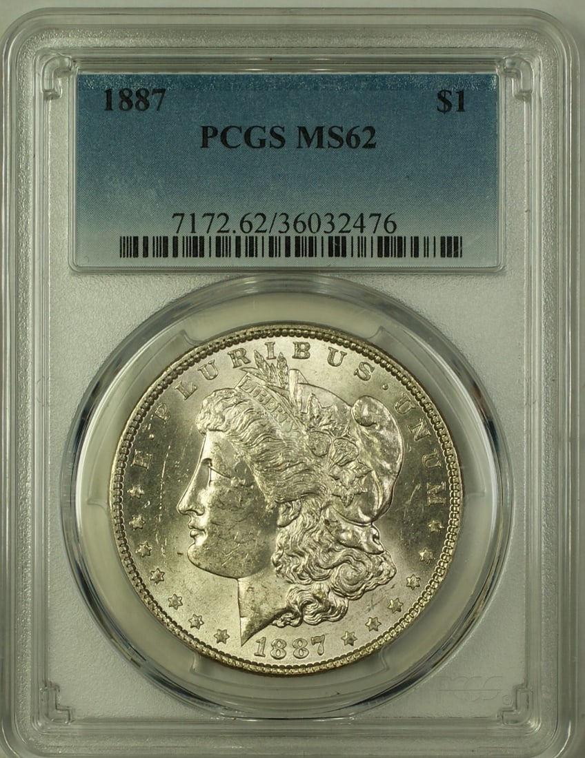 PCGS MS62 1887 Morgan Dollar Silver $1: PCGS MS62 1887 Morgan Dollar Silver $1 This 1887 Morgan Silver Dollar from the United States is certified by PCGS with a grade of MS 62. Minted in Philadelphia, this uncirculated coin has a denominati