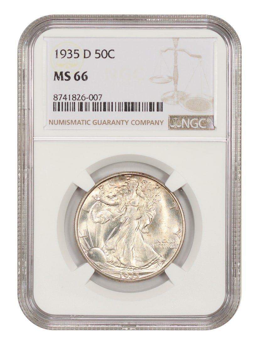 NGC MS66 1935-D Walking Liberty 50C Half Dollar: NGC MS66 1935-D Walking Liberty 50C Half Dollar 1935-D Walking Liberty Half Dollar graded MS66 by NGC. This uncirculated Denver-mint coin is certified with certification number 8741826007. It is descr