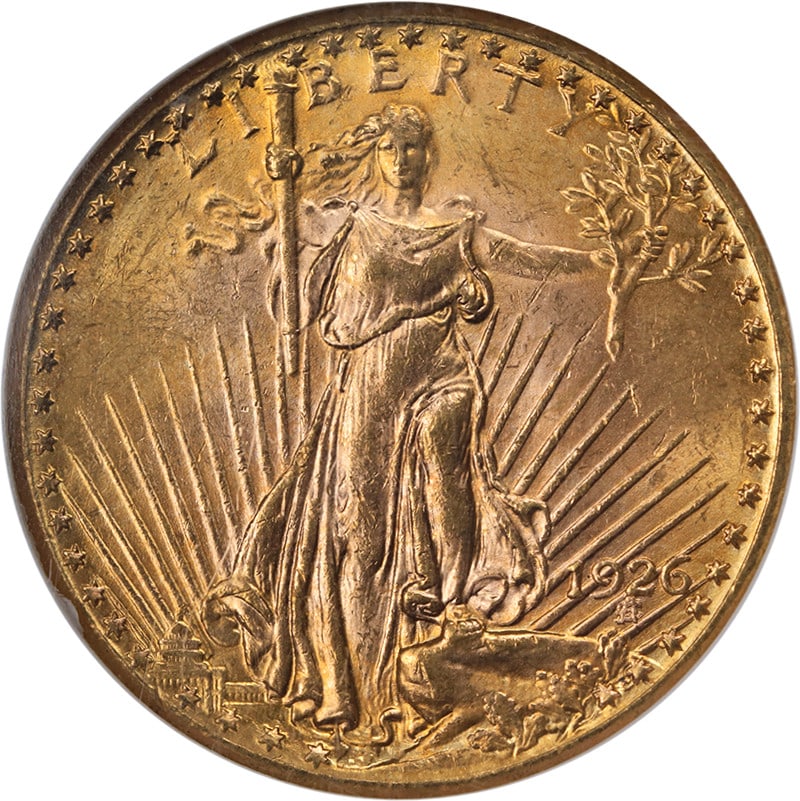 1926 Saint-Gaudens $20 Gold Coin NGC MS64 Philadelphia Mint: 1926 Saint-Gaudens $20 Gold Coin NGC MS64 Philadelphia Mint This 1926-P Saint-Gaudens Gold $20 coin is certified by NGC with a grade of MS64. It is composed of gold with a fineness of 0.9 and was mint
