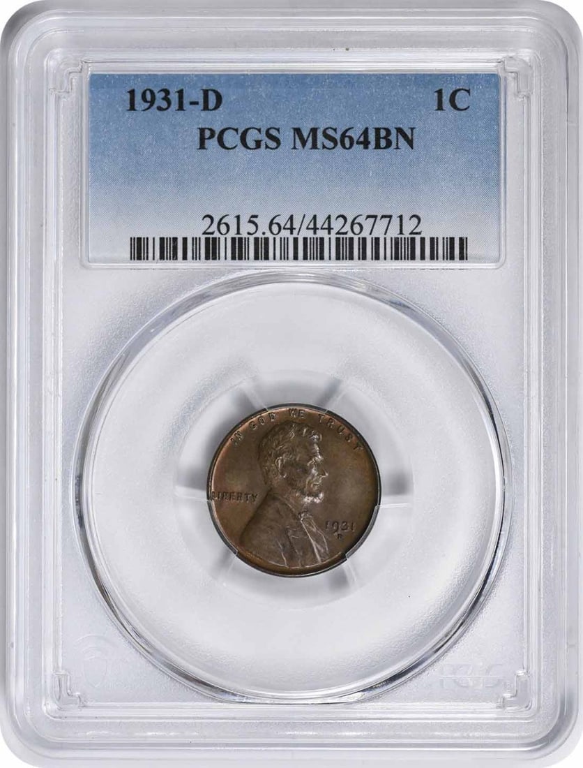 1931-D Lincoln Wheat Cent MS64BN PCGS Uncirculated Denver Mint: 1931-D Lincoln Wheat Cent MS64BN PCGS Uncirculated Denver Mint This 1931-D Lincoln Cent, graded MS64BN by PCGS, showcases the iconic Lincoln Wheat design by Victor David Brenner. It is an uncirculated