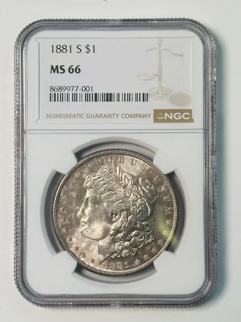 NGC MS-66 1881 S Morgan Silver Dollar: NGC MS-66 1881 S Morgan Silver Dollar 1881 Morgan Silver Dollar graded MS 66 by NGC. This pre-owned coin is composed of silver and was minted in San Francisco. It is a USA dollar denomination coin fro