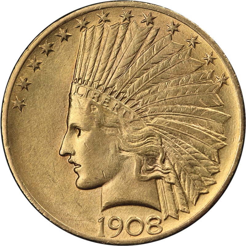 1908 P Indian Head $10 Gold With Motto BU+: 1908 P Indian Head $10 Gold With Motto BU+ This 1908-P Indian Gold $10 coin features the 'With Motto' design and is uncirculated with bright luster, attractive color, and well-defined strike. The coin