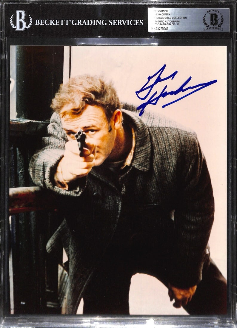 Gene Hackman Signed 8x10 Photo Autographed Beckett 10: Gene Hackman Signed 8x10 Photo Autographed Beckett 10 This autographed 8x10 color photograph features a striking image of actor Gene Hackman from the iconic film The French Connection. Signed in blue 
