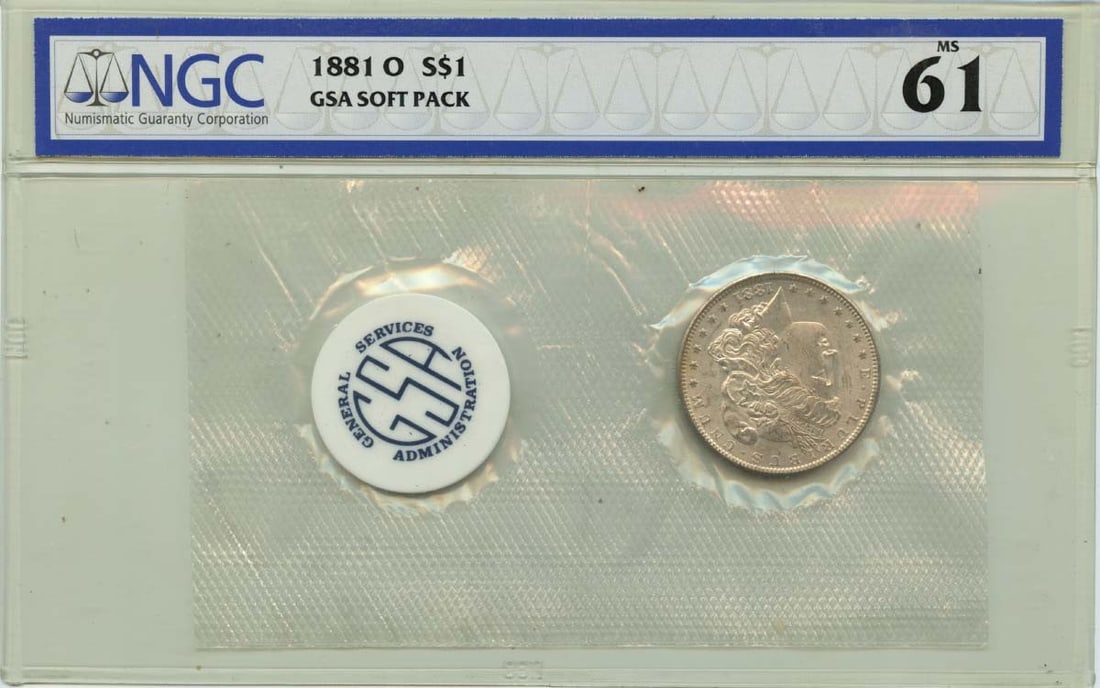NGC MS61 1881 O Morgan Silver Dollar GSA Soft Pack: NGC MS61 1881 O Morgan Silver Dollar GSA Soft Pack An 1881-O Morgan Dollar in a GSA soft pack, certified by NGC and graded MS61. This uncirculated United States coin has a New Orleans mint designation