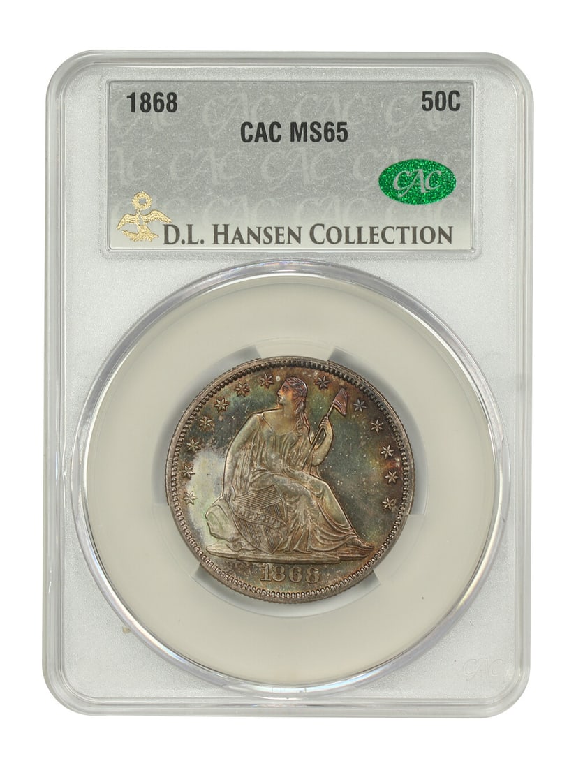 1868 Liberty Seated Half Dollar 50C CACG MS65 ex D.L. Hansen: 1868 Liberty Seated Half Dollar 50C CACG MS65 ex D.L. Hansen An 1868 Liberty Seated Half Dollar graded MS65 by CACG and certified as uncirculated. This Philadelphia issue is presented as an original a