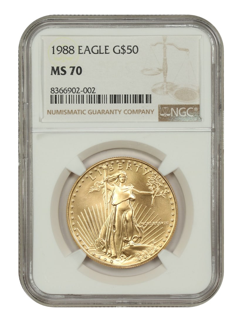 NGC MS70 1988 $50 Gold Eagle Bullion Coin: NGC MS70 1988 $50 Gold Eagle Bullion Coin 1988 $50 Gold Eagle certified by NGC and graded MS70. This uncirculated bullion coin is from the Gold Eagles series and was minted in Philadelphia. Condition 