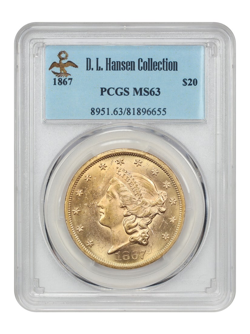 1867 $20 Liberty Head Double Eagle Coin PCGS MS63: 1867 $20 Liberty Head Double Eagle Coin PCGS MS63 This stunning 1867 $20 Liberty Head Double Eagle coin, certified by PCGS with a grade of MS63, is a remarkable find for collectors. Known for its shar