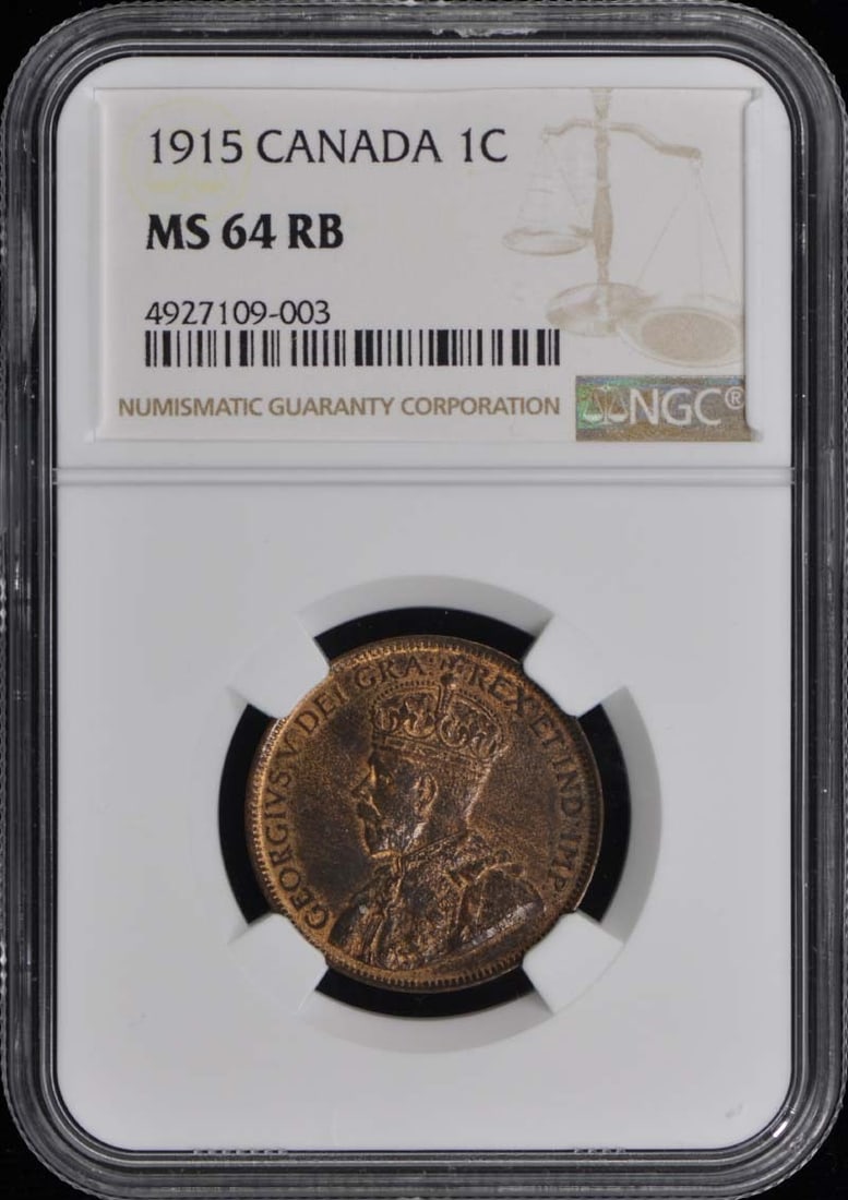 1915 Canada 1 Cent Coin NGC MS64RB Certified Uncirculated: 1915 Canada 1 Cent Coin NGC MS64RB Certified Uncirculated This 1915 Canada 1 Cent coin is graded MS64 by NGC, indicating it is in uncirculated condition. This piece boasts a rich red-brown patina, mak