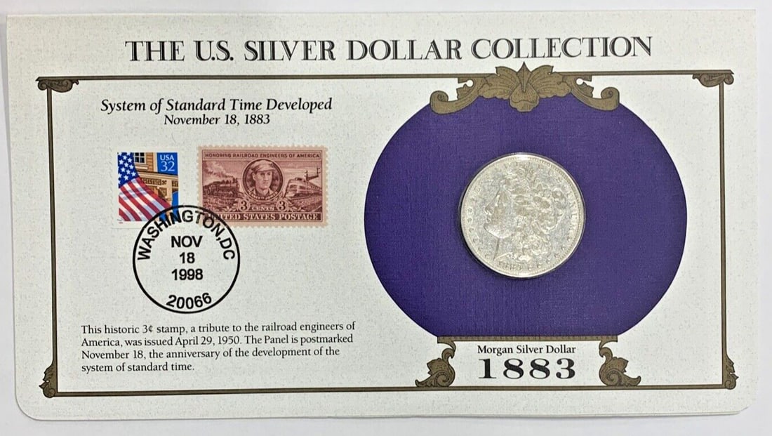 1883 Morgan Silver Dollar with Commemorative Stamp Card Collectible: 1883 Morgan Silver Dollar with Commemorative Stamp Card Collectible This 1883 Morgan Silver Dollar $1 coin from the United States is part of a commemorative stamp card collection. The coin was minted 