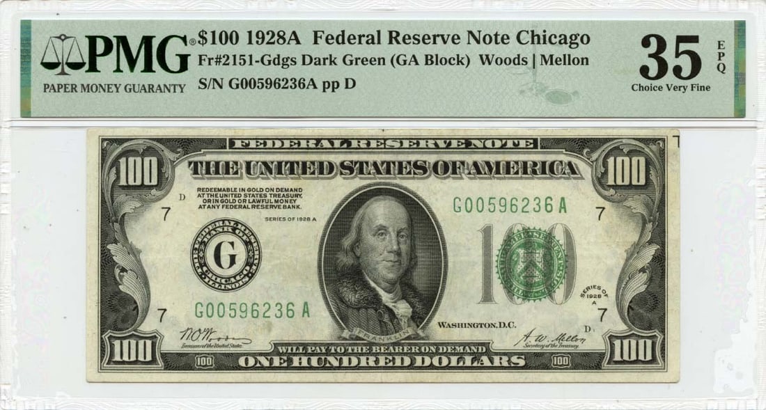 1928A $100 Federal Reserve Note Chicago PMG VF35 Fr# 2151-Gdgs: 1928A $100 Federal Reserve Note Chicago PMG VF35 Fr# 2151-Gdgs This 1928A $100 Federal Reserve Note is a remarkable collectible from Chicago, designated as Fr# 2151-Gdgs. It has been certified by PMG 