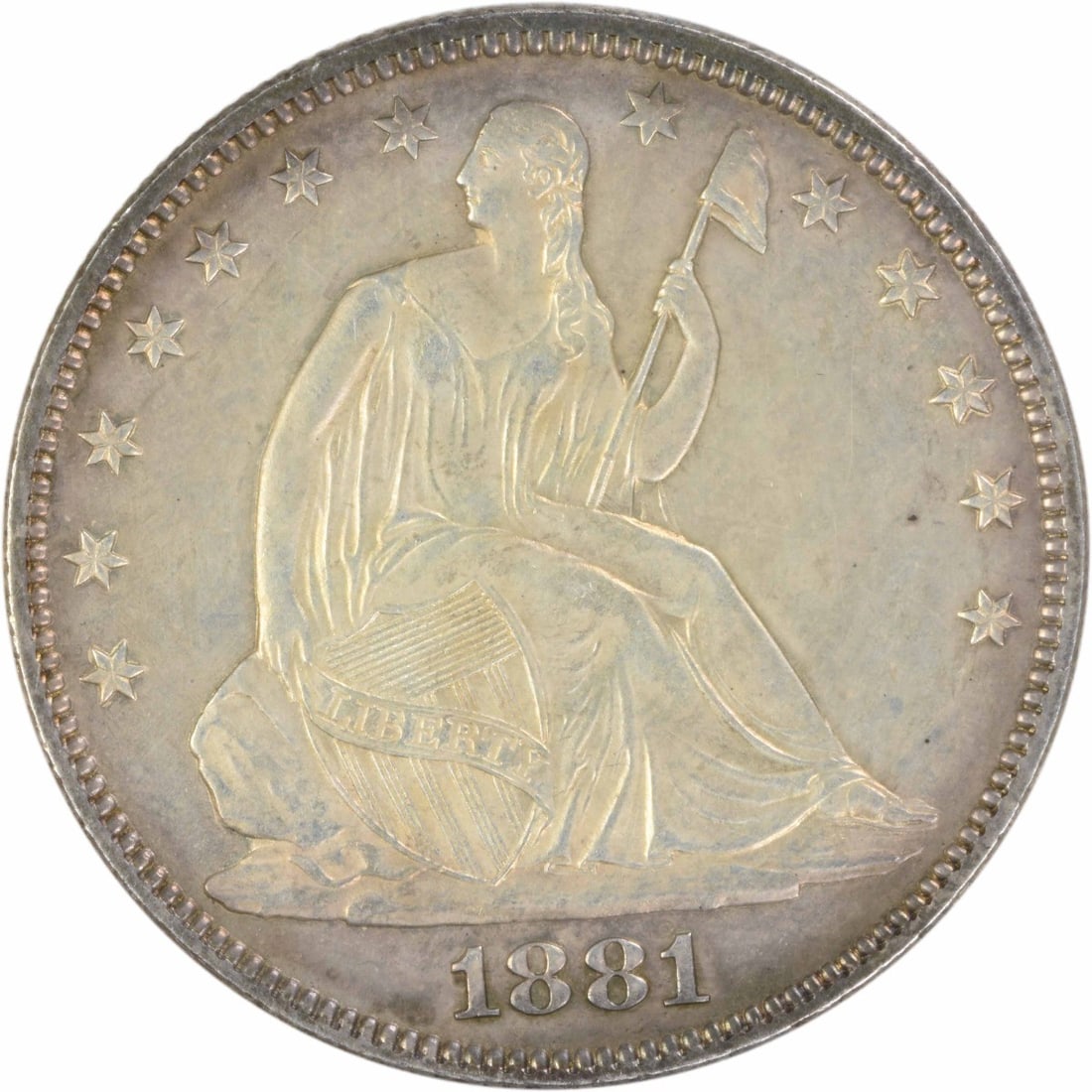1881 Philadelphia Seated Liberty 50C AU Silver Half Dollar: 1881 Philadelphia Seated Liberty 50C AU Silver Half Dollar This 1881 Liberty Seated Silver Half Dollar features the classic design by Gobrecht and was struck at the Philadelphia Mint. Composed of 90% 