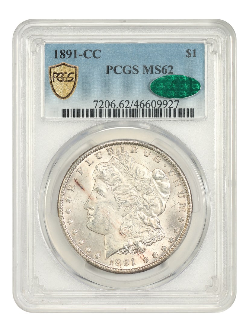 Carson City 1891 CC Morgan Dollar PCGS MS62 CAC: Carson City 1891 CC Morgan Dollar PCGS MS62 CAC 1891-CC Morgan Dollar $1 from the Carson City Mint, certified by PCGS and graded MS62 with CAC approval. This uncirculated coin is described as a tough 