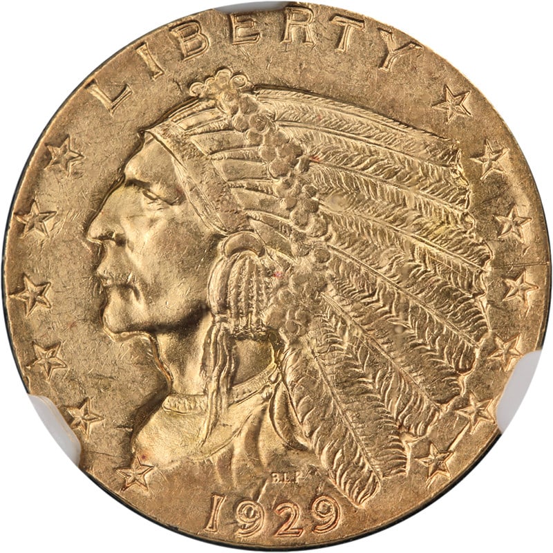 1929 $2.50 Indian Gold Coin NGC MS62: 1929 $2.50 Indian Gold Coin NGC MS62 This 1929 Indian Gold $2.50 coin is certified by NGC with a grade of MS62. Featuring attractive eye appeal, luster, and strike, the coin displays bright color and 
