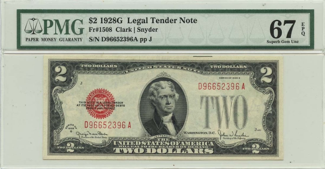 1928G $2 United States Legal Tender Note PMG Superb GEM 67 EPQ: 1928G $2 United States Legal Tender Note PMG Superb GEM 67 EPQ This is a 1928 $2 Legal Tender Note from the United States, graded MS67 by PMG and certified with the number 2500589002. The note is in u