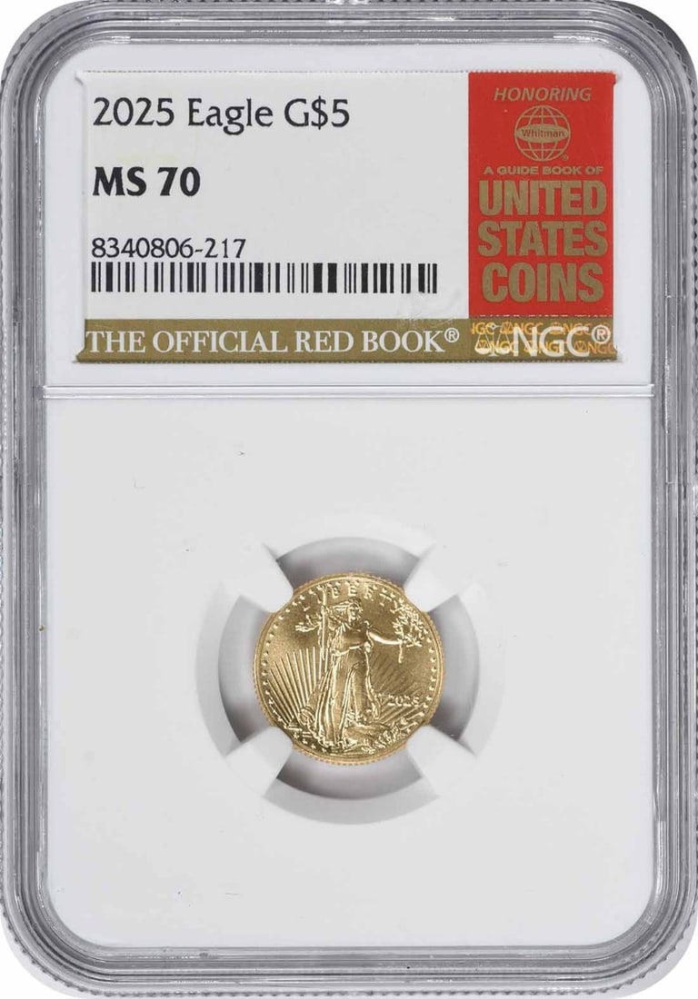 NGC MS70 2025 $5 American Gold Eagle: NGC MS70 2025 $5 American Gold Eagle This 2025 $5 American Gold Eagle coin has been graded MS70 by NGC, indicating a coin in perfect mint state condition. Struck by the U.S. Mint, it is composed of 0.