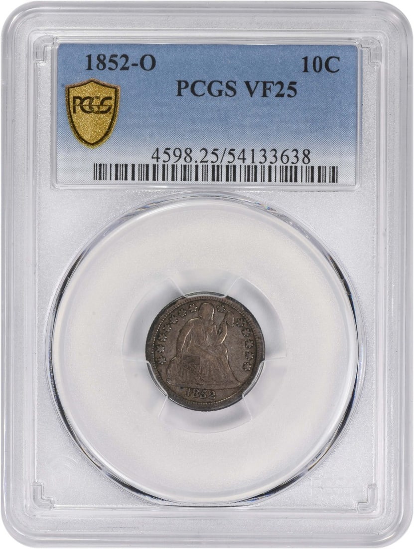 1852-O Liberty Seated Dime 10C VF25 PCGS Certified Silver Coin: 1852-O Liberty Seated Dime 10C VF25 PCGS Certified Silver Coin This 1852-O Liberty Seated Silver Dime is a remarkable piece of numismatic history, struck at the New Orleans Mint. It features a design 