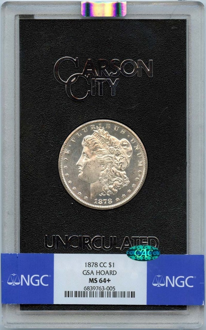 NGC MS64+ CAC 1878 Carson City Morgan Dollar from GSA Hoard: NGC MS64+ CAC 1878 Carson City Morgan Dollar from GSA Hoard This is an uncirculated 1878-CC Morgan Dollar from the GSA Hoard, graded MS64+ by NGC with CAC approval. Minted at the Carson City Mint, thi