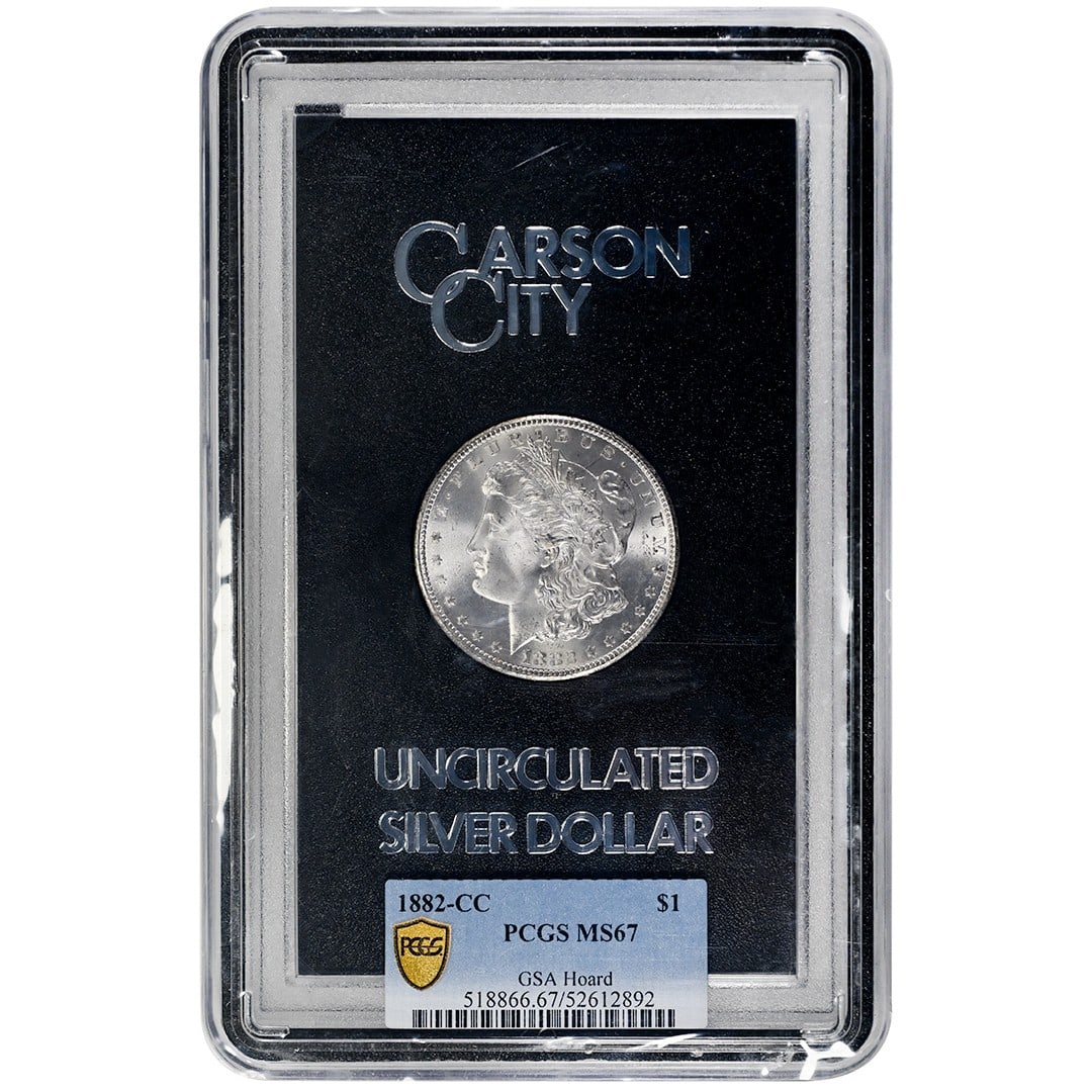 PCGS MS67 1882-CC Morgan Dollar GSA Hoard Silver $1: PCGS MS67 1882-CC Morgan Dollar GSA Hoard Silver $1 This 1882-CC Morgan Dollar is an uncirculated silver coin from the Carson City Mint, part of the renowned GSA Hoard. Certified by PCGS with a grade 