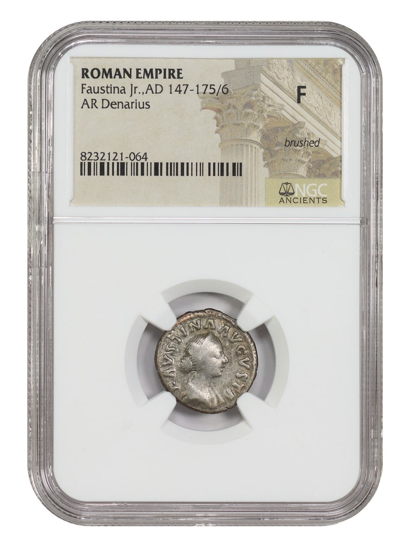 NGC Fine Brushed Ancient Roman AR Denarius of Faustina Jr.: NGC Fine Brushed Ancient Roman AR Denarius of Faustina Jr. Ancient Roman AR denarius of Faustina Jr. (AD 146-175/6), certified NGC Fine with brushed surfaces. This pre-owned coin is a tangible piece o